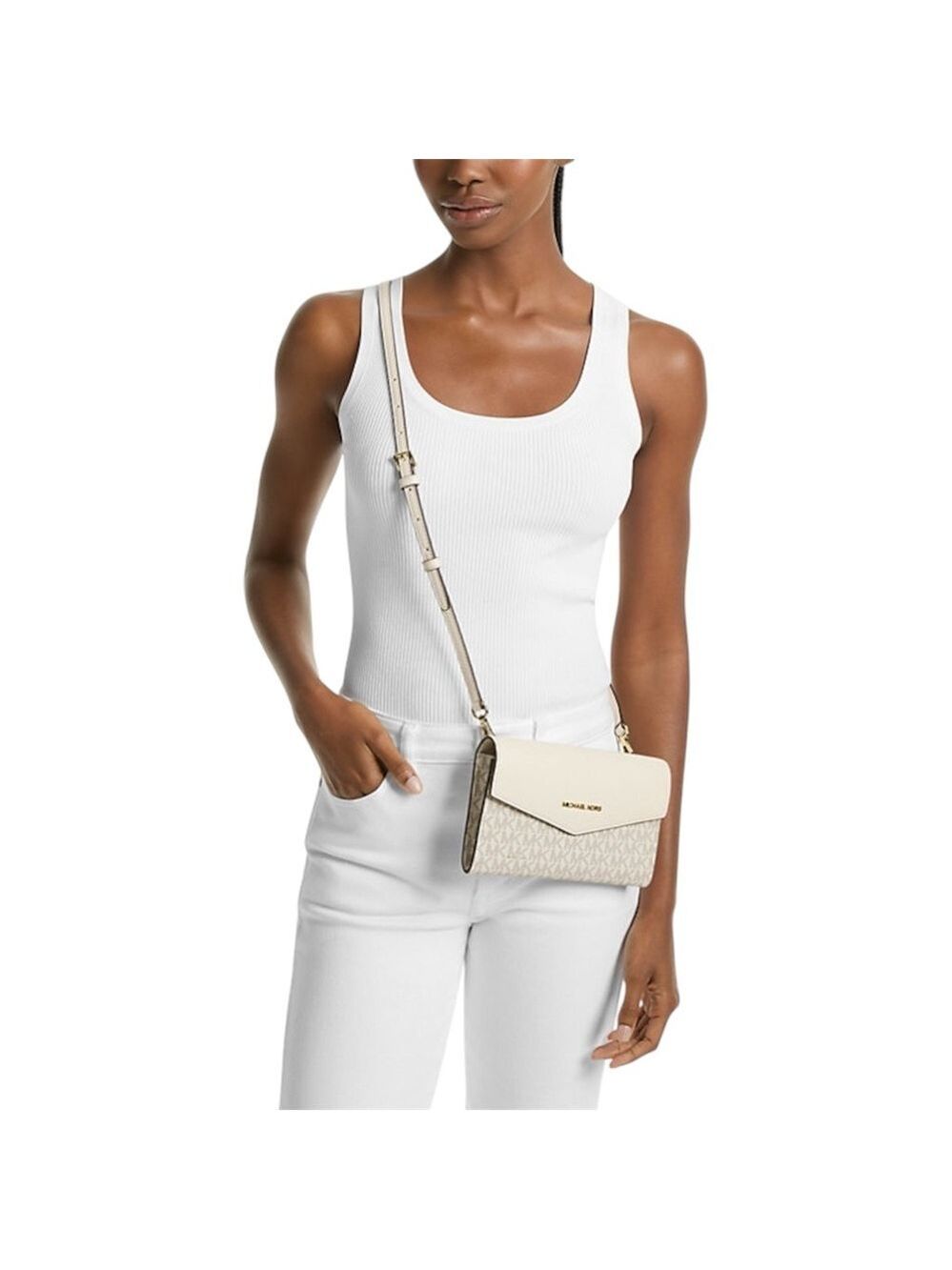 Michael Kors Jet Set Logo Print Canvas Crossbody Bag Vanilla